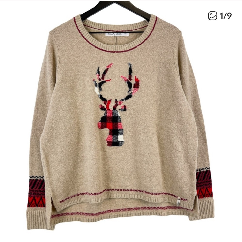 NWT Woolrich (XL) Womens Deer Motif Plaid Sweater Beige Acrylic Wool